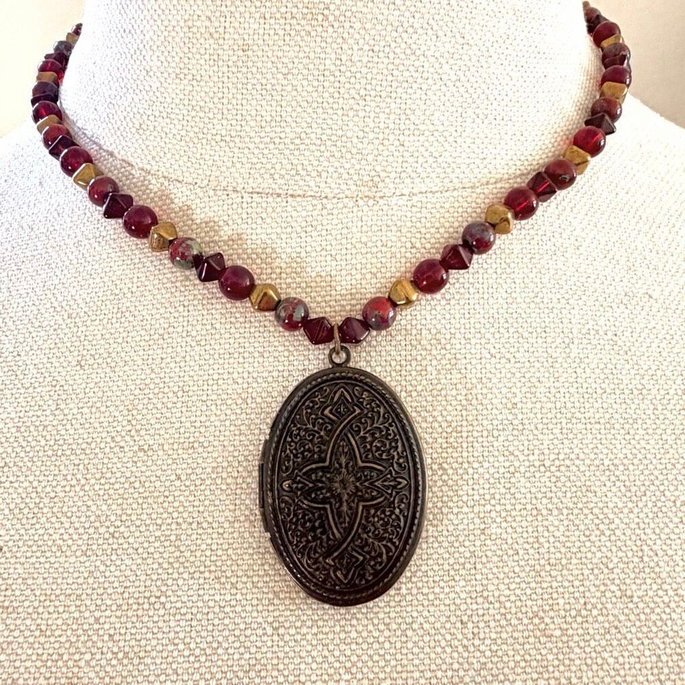 Lenore Solmo Victorian Revival Locket Necklace Red  Beads Key Charm